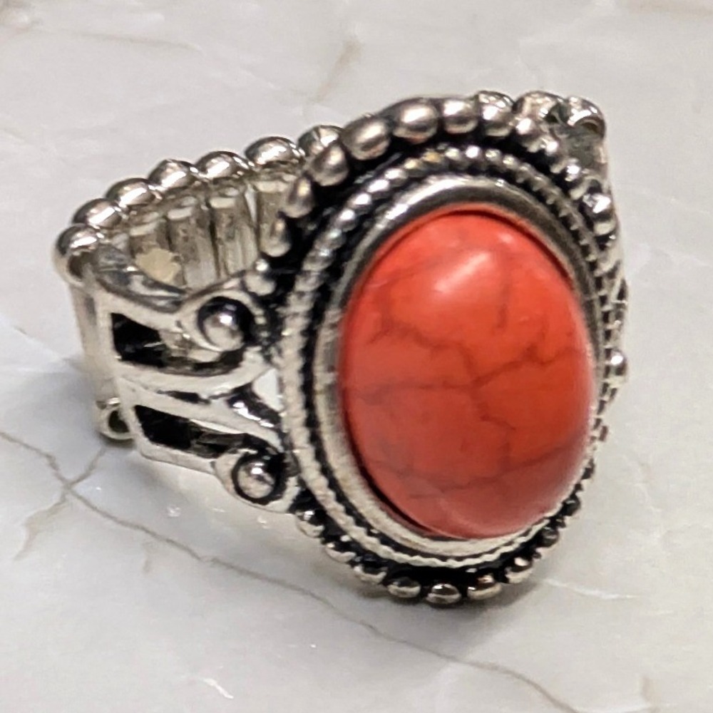 New Stretch Band Ring Orange Faux Stone Silver Tone Filigree Statement Cabochon